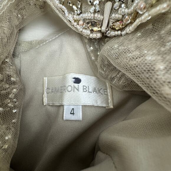 Cameron Blake Beige Neutral Full Length Lace Gown With Beaded Detail Women's 4 - Picture 12 of 13